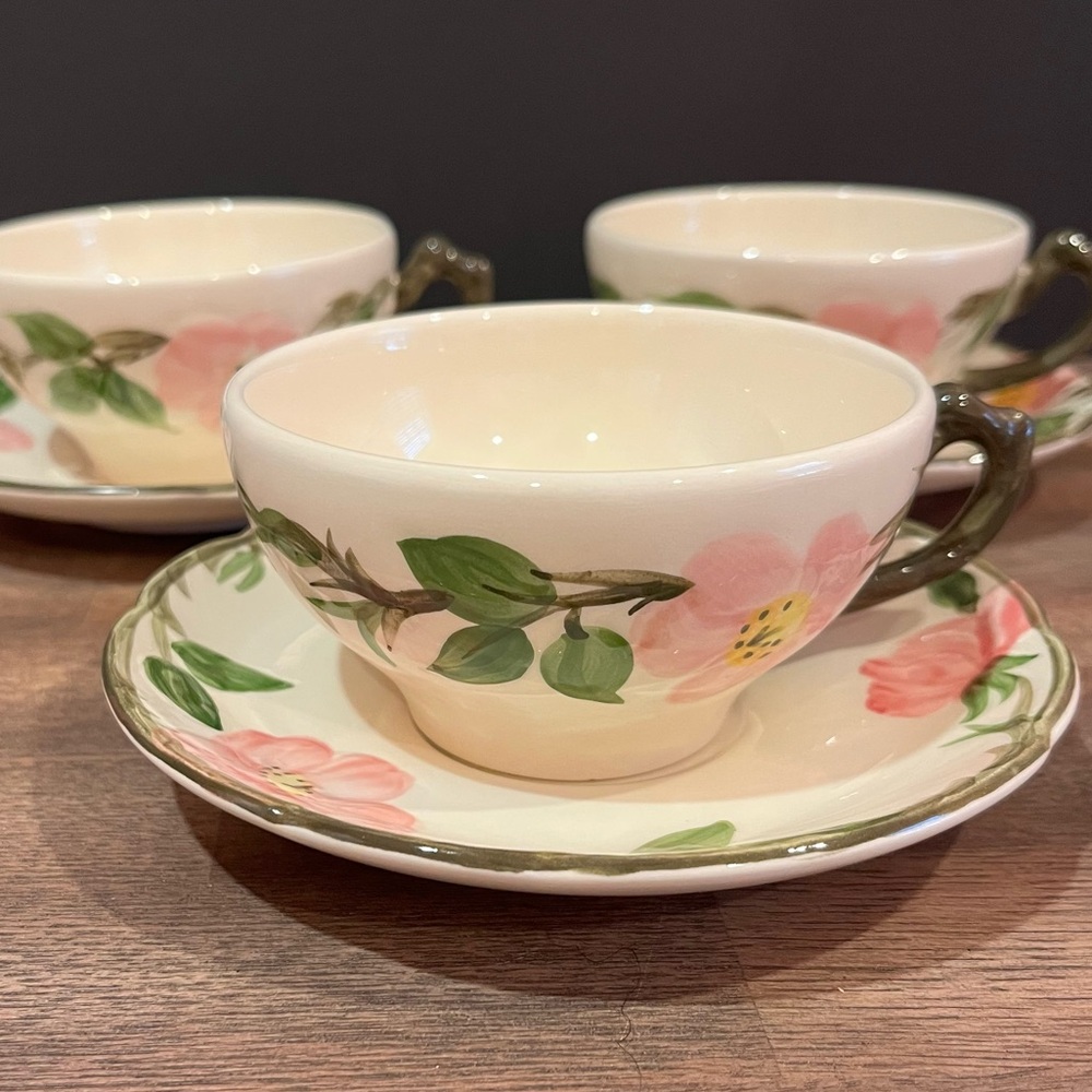 Three Vintage Franciscan Desert Rose Flat Cups and Saucers